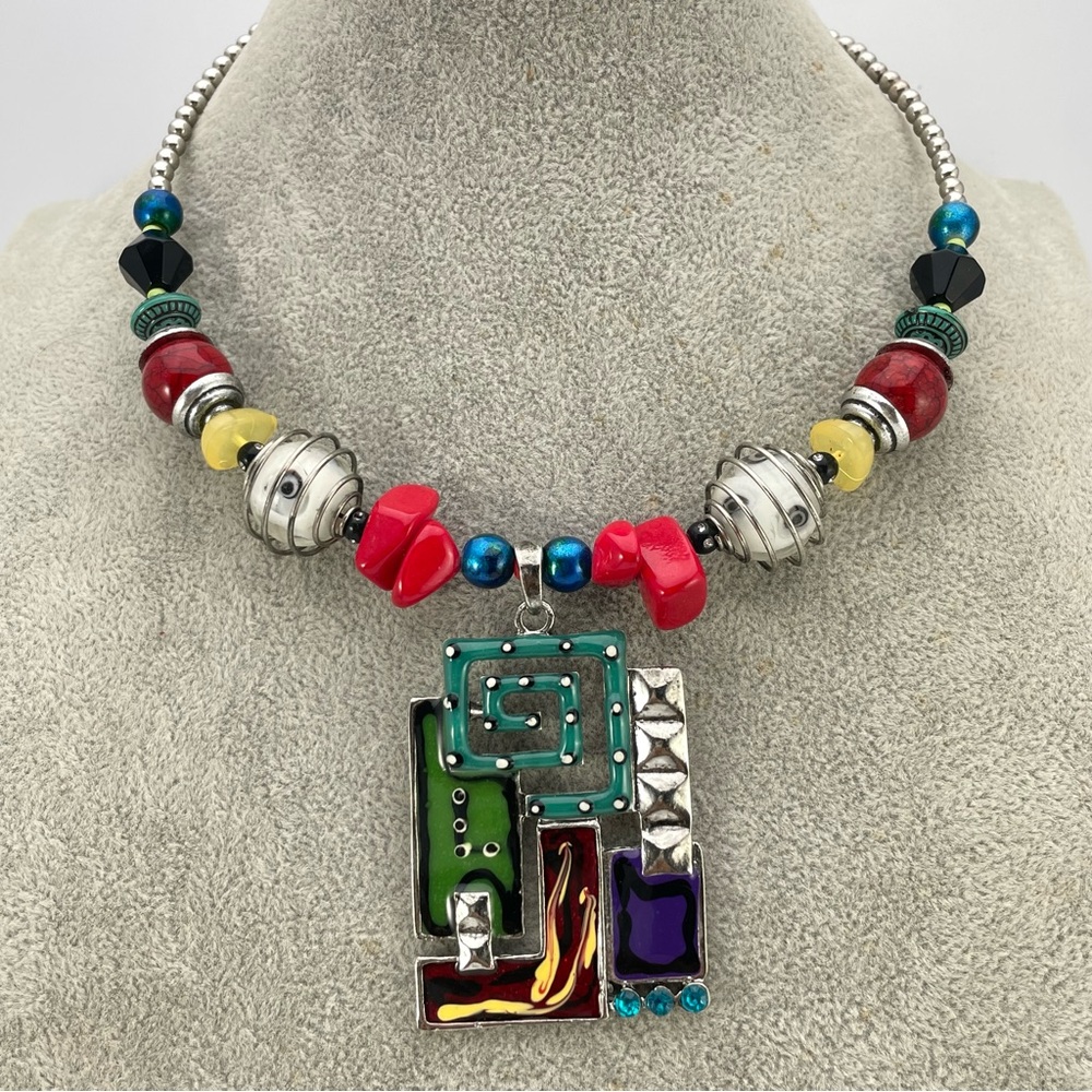 Bold Abstract Art Beaded Necklace with Colorful Pendant – 20” Statement Piece
